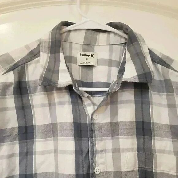 Hurley Men's White/Blue Plaid Cotton Button Down Short - Picture 3 of 10